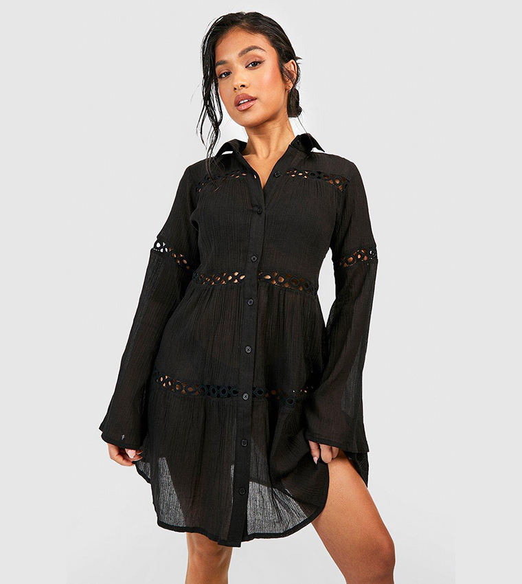 Buy Boohoo Cheesecloth Trim Beach Shirt Dress In Black 6thStreet Bahrain