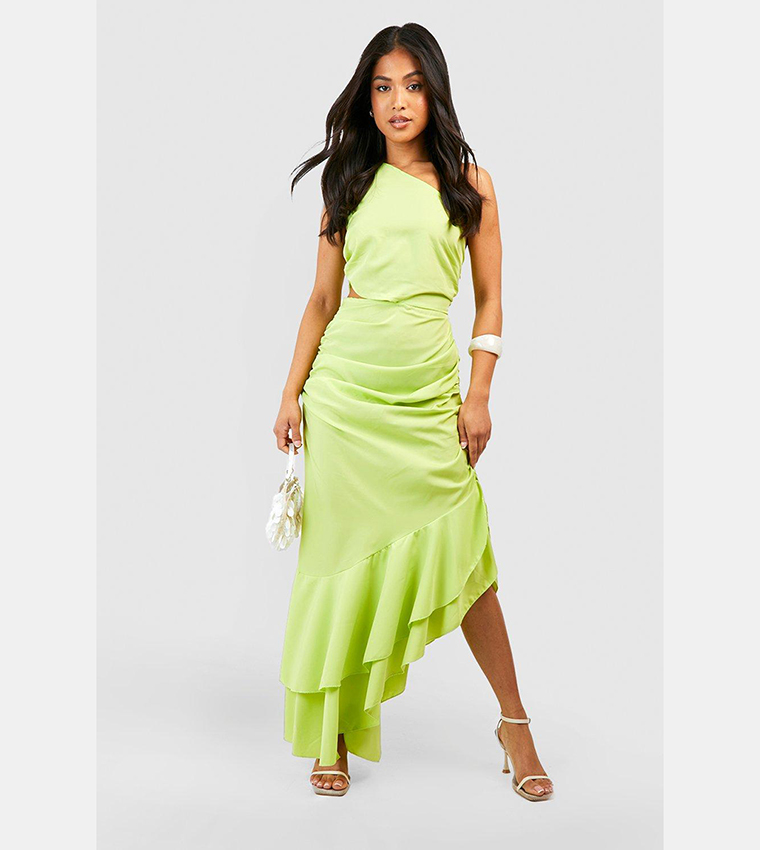 Buy Boohoo One Shoulder Cut Out Ruffle Maxi Dress In Lime