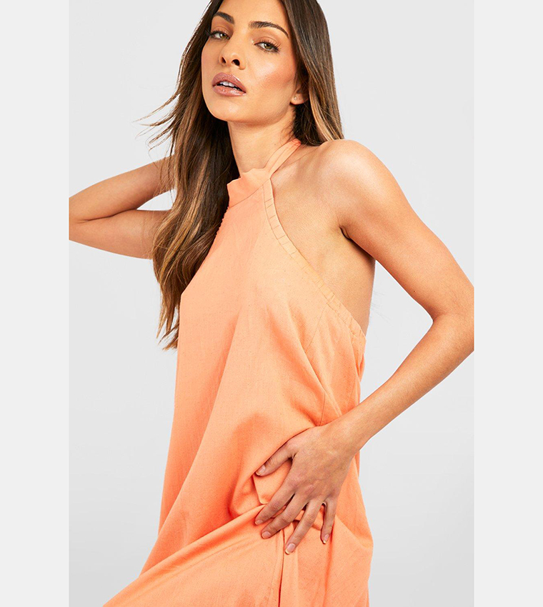 Buy Boohoo Linen Ruffle Halterneck Midi Dress In Coral 6thStreet Qatar