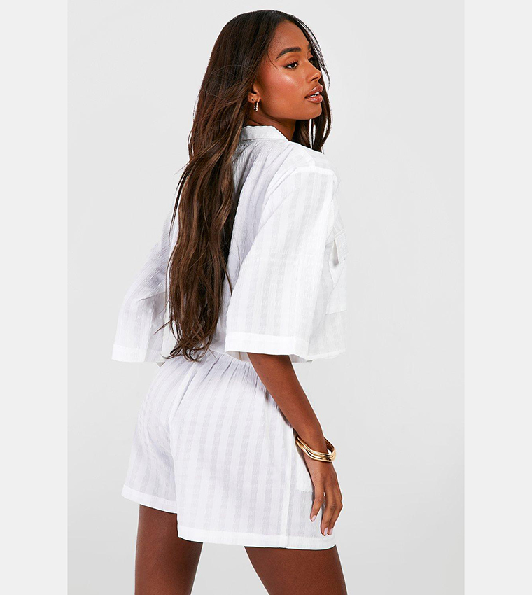 Premium Textured Pocket Detail Crop Shirt and Shorts Set