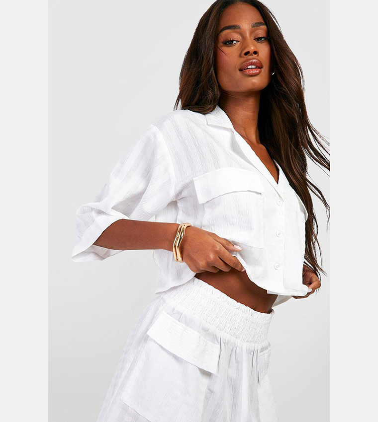 Premium Textured Pocket Detail Crop Shirt and Shorts Set