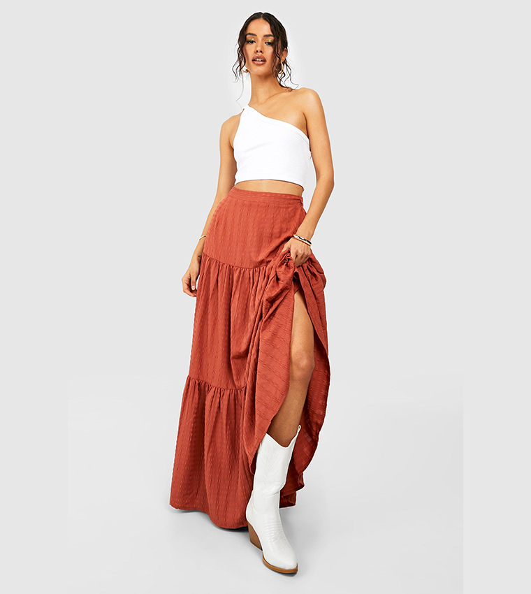 Buy Boohoo Seersucker Tiered Maxi Skirt In Orange 6thStreet UAE