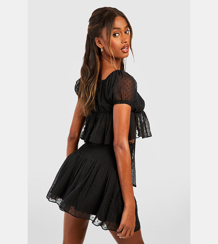 Buy Boohoo Dobby Mesh Knot Front Crop And Shirred Mini Skirt Set