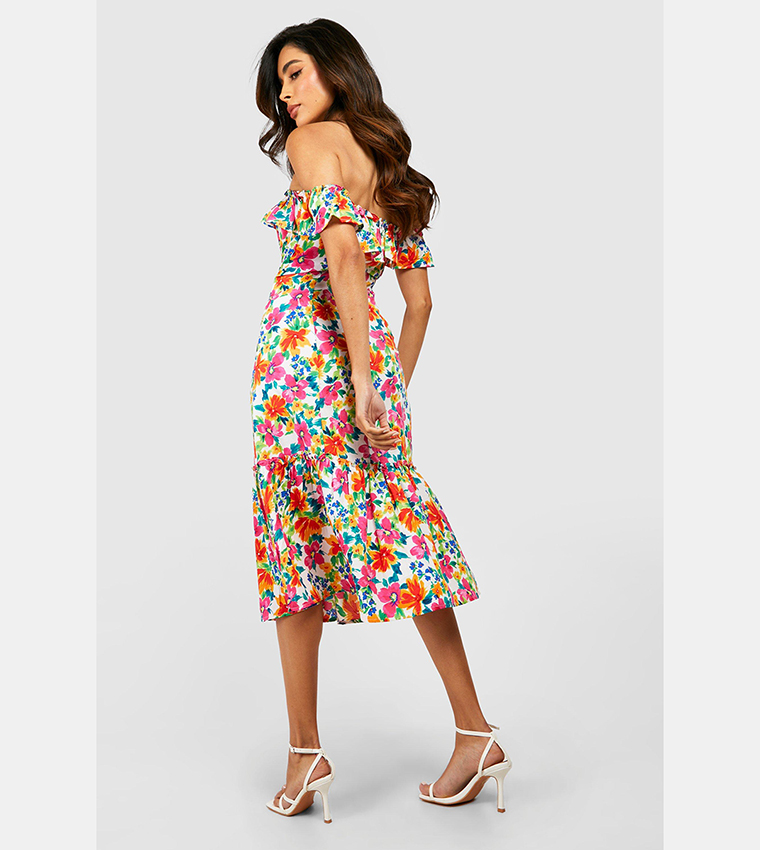 Buy Boohoo Floral Ruffle Off The Shoulder Midi Dress In Green