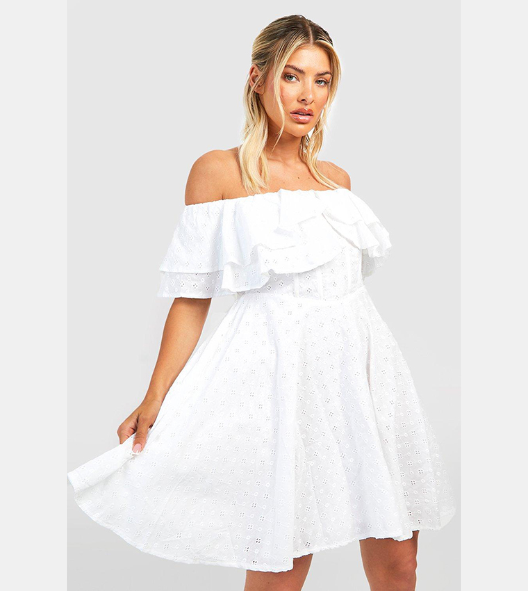 Boohoo off the shoulder skater dress best sale