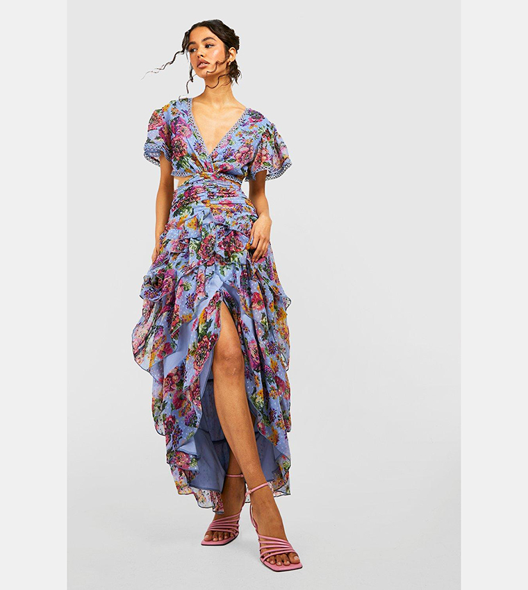 Floral Dobby Cut Out Ruffle Maxi Dress