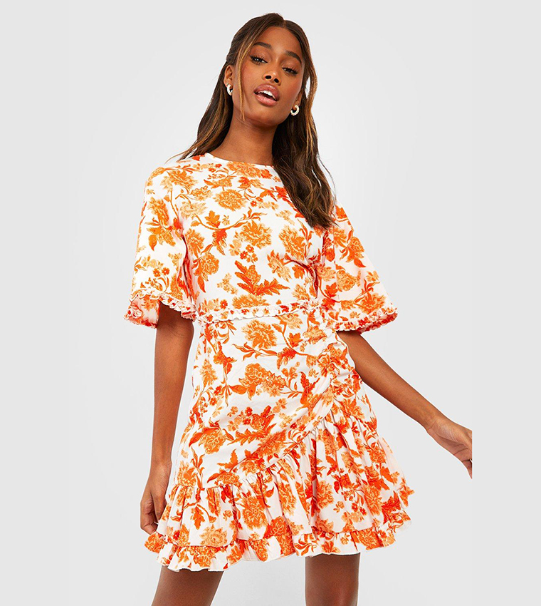 orange floral skater dress Tanaya Puff Sleeve Skater Skirt Mini Dress