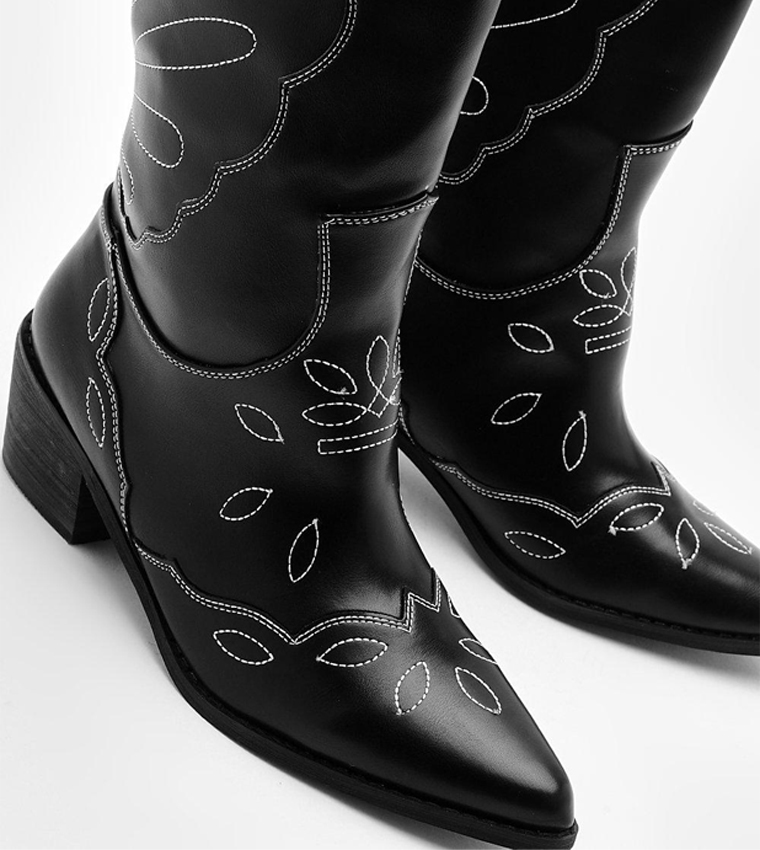 Buy Boohoo Contrast Stitch Western Cowboy Boots In Black | 6thStreet Kuwait