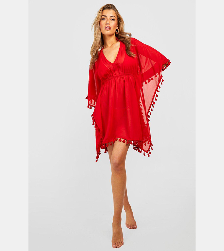 Chiffon Tassel Trim Plunge Beach Kaftan