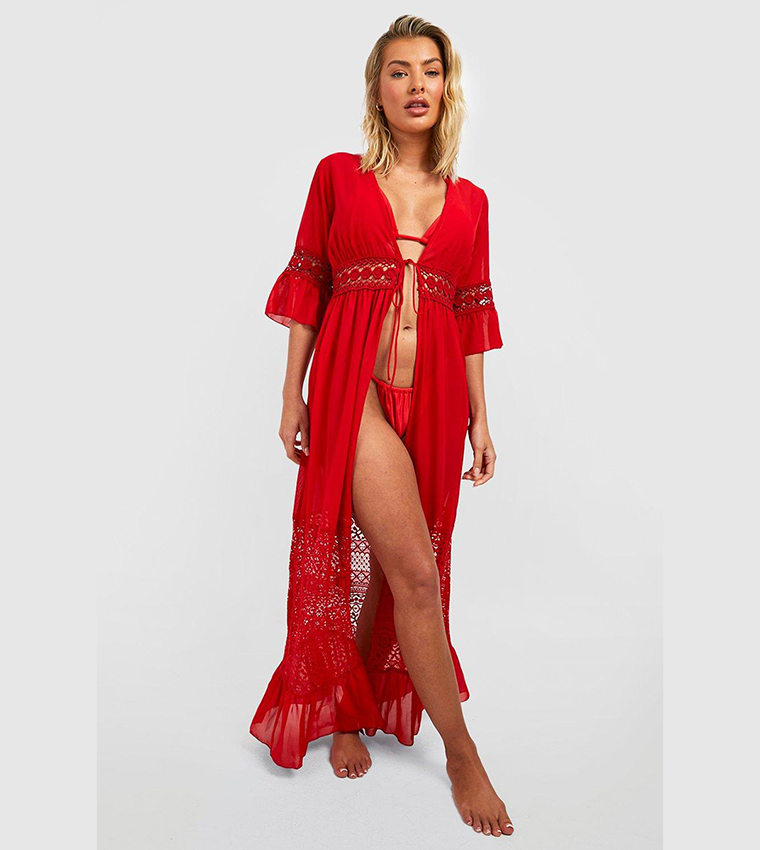 Buy Boohoo Chiffon Lace Trim Frill Tie Waist Beach Kimono In Red 6thstreet Qatar 6292