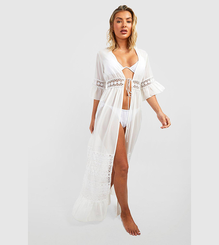 Buy Boohoo Chiffon Lace Trim Frill Tie Waist Beach Kimono In White