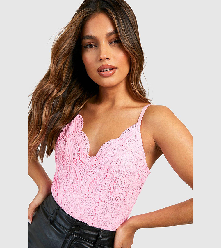 Buy Boohoo Premium Lace Bodysuit Top In Pink
