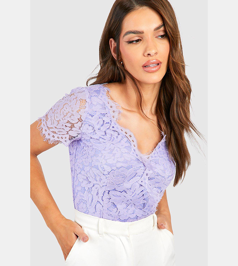 Buy Boohoo Premium Eyelash Lace Bodysuit Top In Lilac