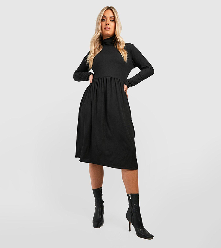 jumbo rib roll neck midi dress Buy Boohoo Jumbo Rib Roll Neck Midi Smock Dress In Black