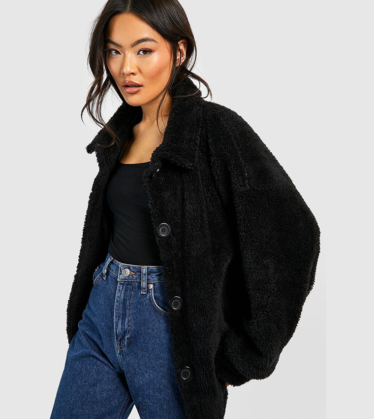 Buy Boohoo Button Through Teddy Jacket In Black 6thStreet Qatar