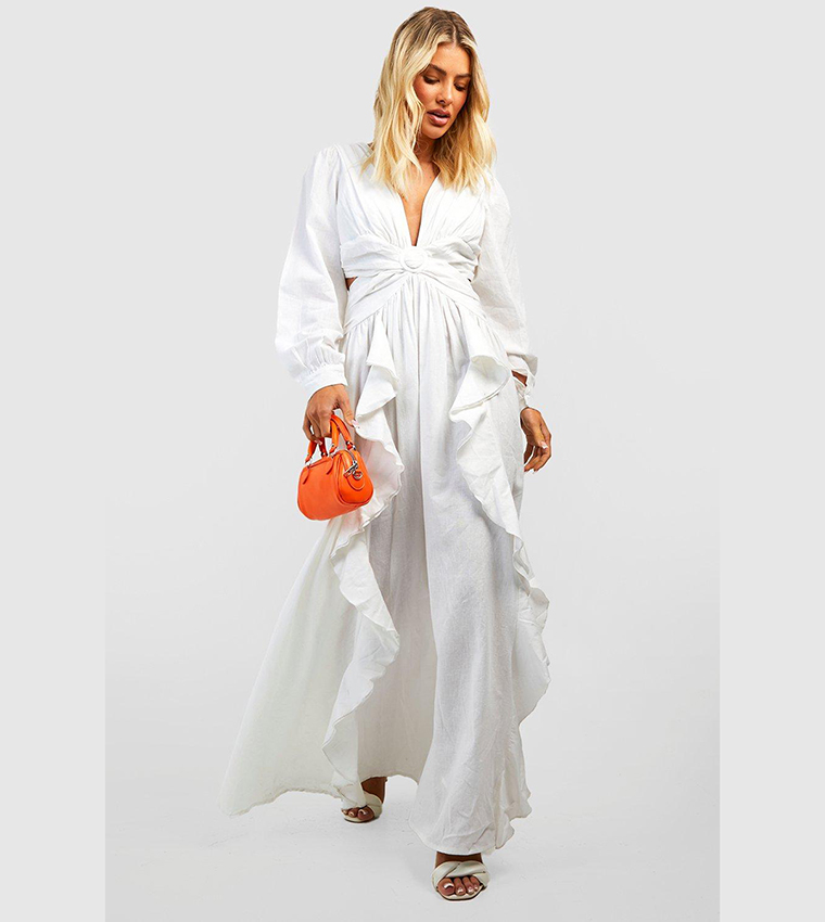 Buy Boohoo Linen Cut Out Ruffle Maxi Dress In White 6thStreet Kuwait