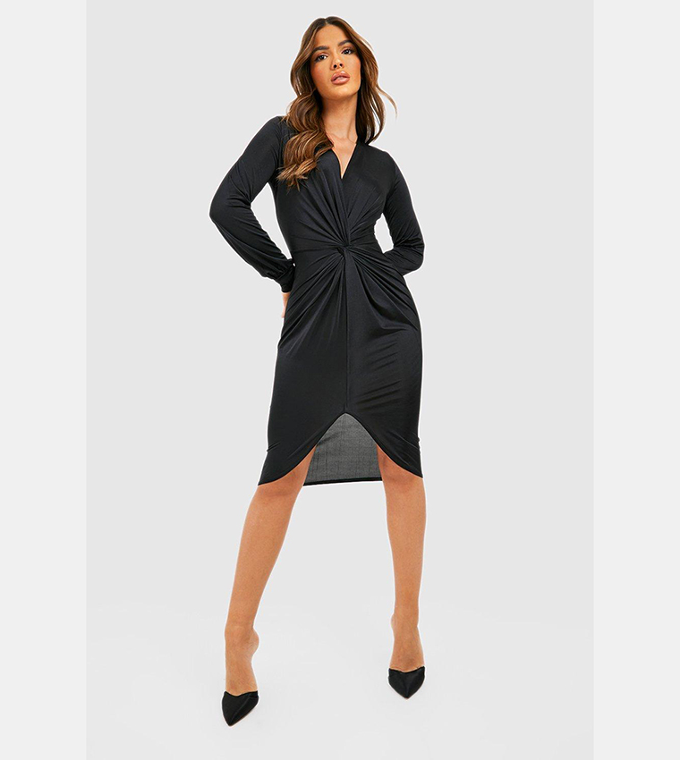 Buy Boohoo Twist Front Plunge Midi Dress In Black | 6thstreet Qatar