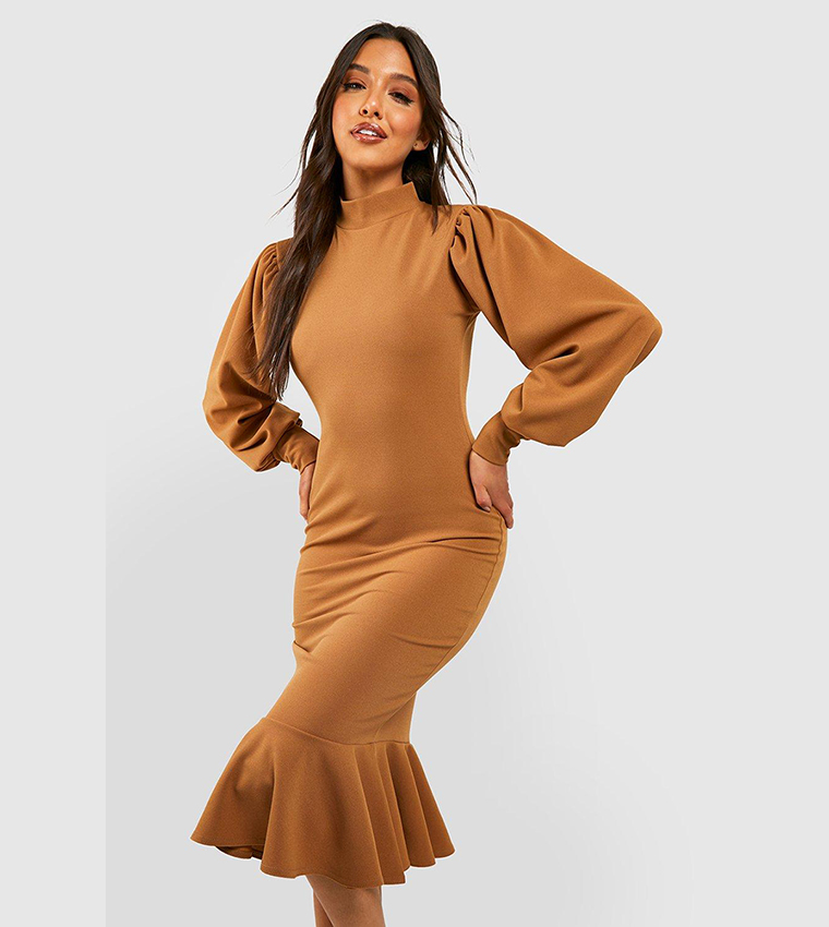 High neck frill outlet midi dress