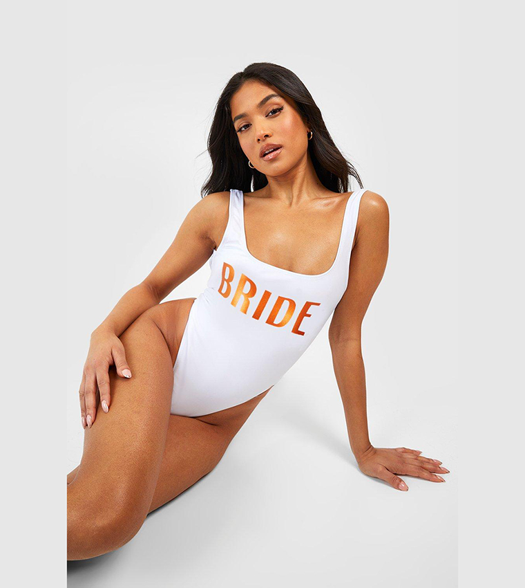 Bride shop slogan swimsuit