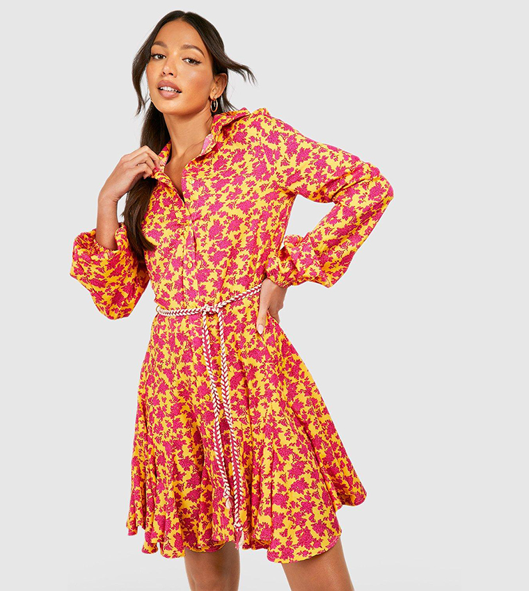 Buy Boohoo Tall Floral Rope Tie Pleated Shirt Dress In Mustard 6thStreet UAE