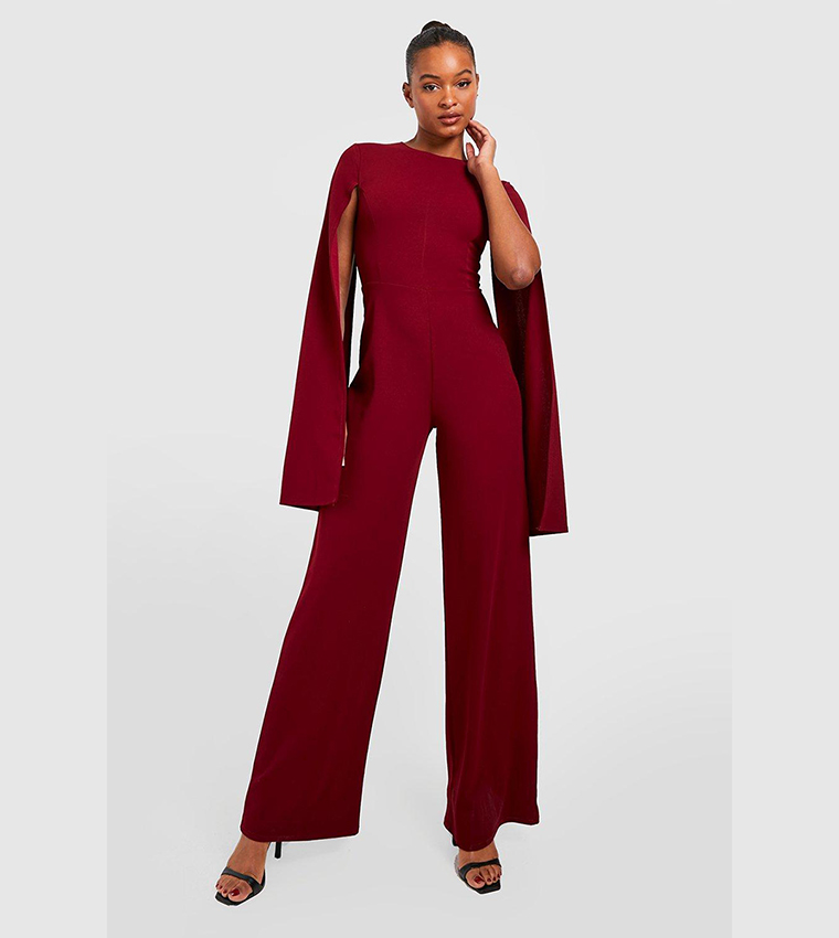 Buy Boohoo Tall Cape Sleeves Wide Leg Jumpsuit In Berry