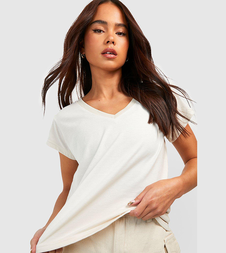 Buy Boohoo Basic V Neck Cotton T Shirt In STONE