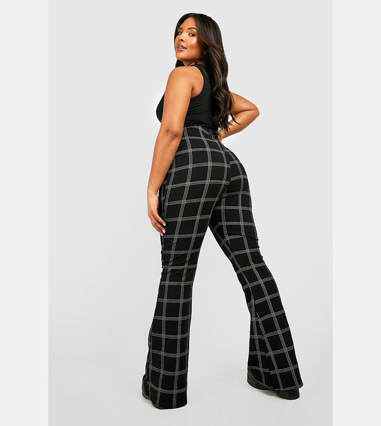 Buy Boohoo Check Print Basic Jersey Flare Trousers In Black