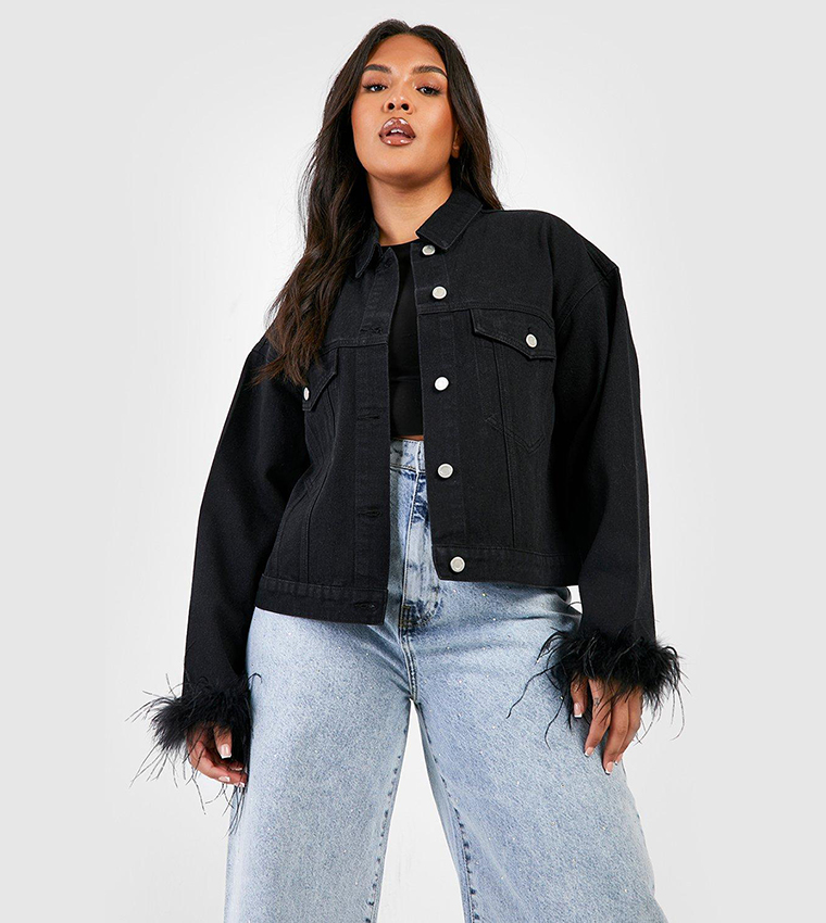 Buy Boohoo Feather Cuff Oversized Denim Jacket In Black 6thStreet Kuwait