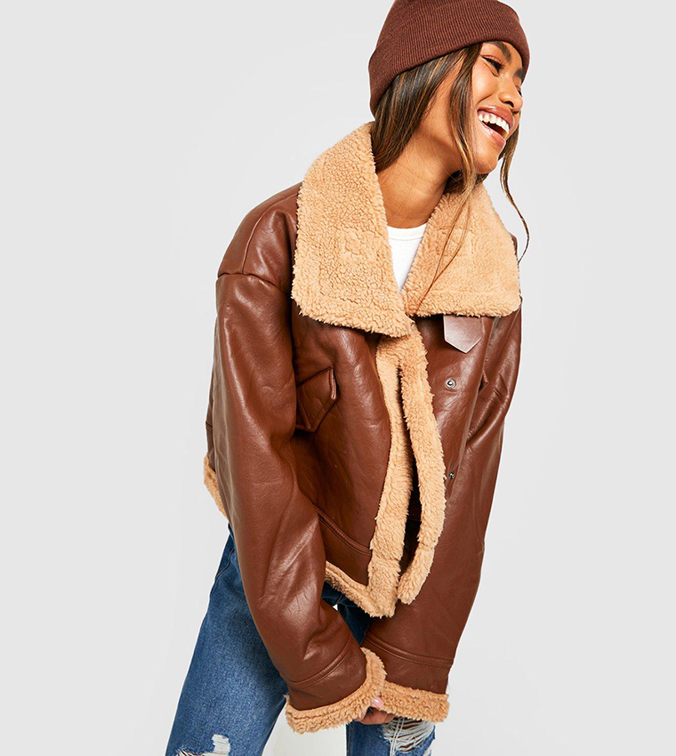 Buy Boohoo Faux Fur Lined Aviator Jacket In Tan 6thStreet Kuwait