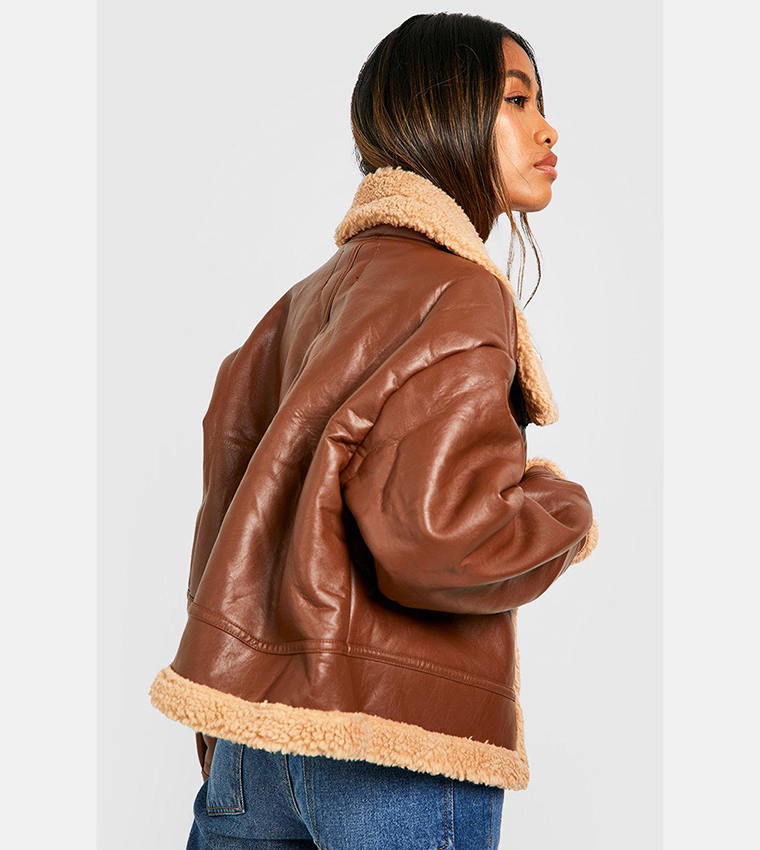 Faux Fur Tan Aviator Coat Khaki Faux Suede Aviator Jacket - Main Image