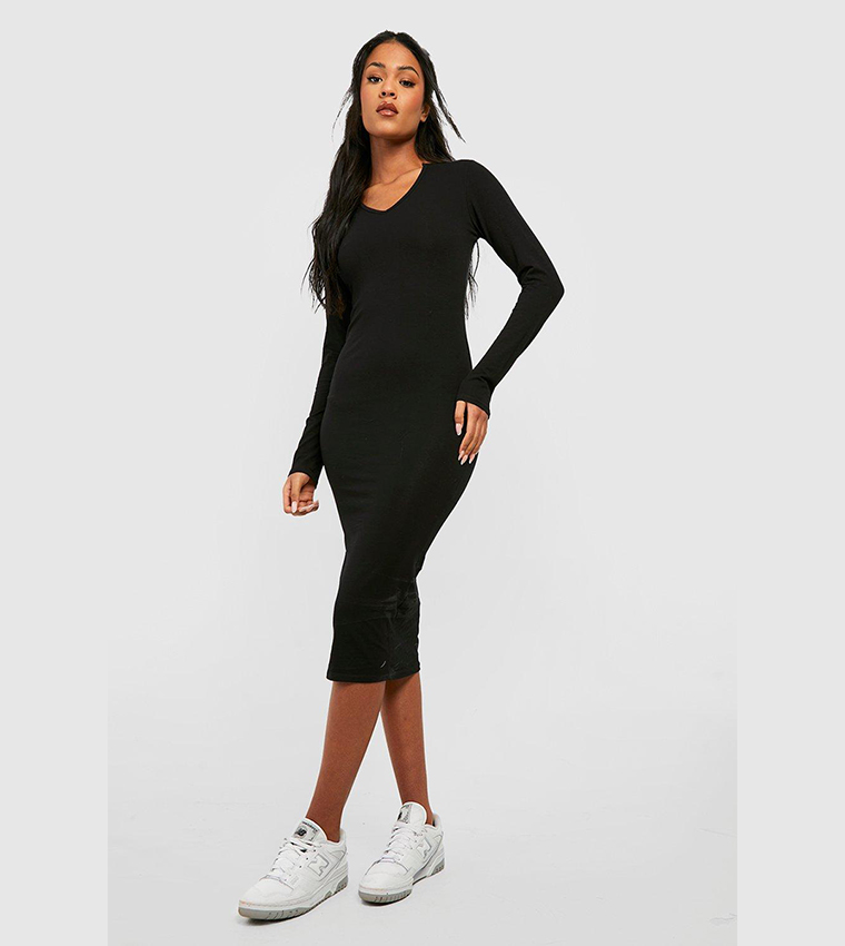 Buy Boohoo Tall Basic Cotton Blend Notch Long Sleeves Bodycon Dress In Black  | 6thstreet Qatar