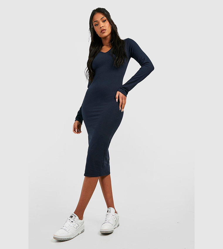 Buy Boohoo Tall Basic Cotton Blend Notch Long Sleeves Bodycon Dress In INK | 6thstreet Oman Buy Boohoo Tall Basic Cotton Blend Notch Long Sleeves Bodycon Dress In INK | 6thstreet Oman