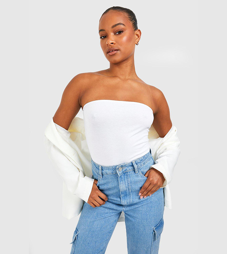 Buy Boohoo Tall Basic Cotton Blend Bandeau Bodysuit Top In White