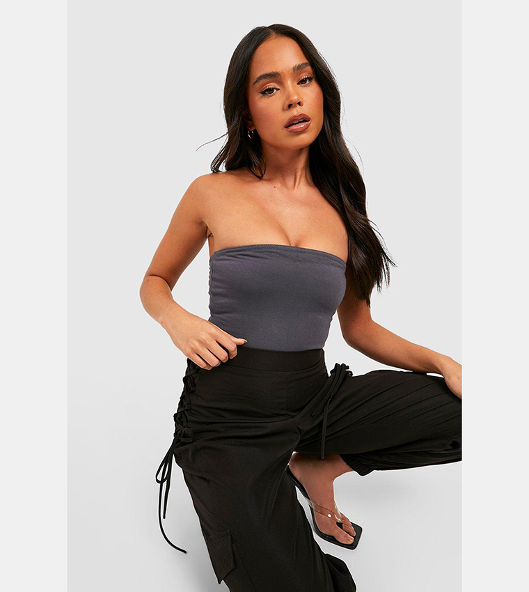 Buy Boohoo Basic Cotton Bandeau Bodysuit Top In STEEL