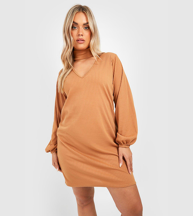 Buy Boohoo Soft Knitted Ribbed Choker Sweater Dress In Camel 6thStreet Oman