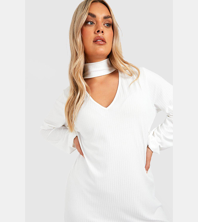 Buy Boohoo Soft Knitted Ribbed Choker Sweater Dress In Cream 6thStreet Kuwait