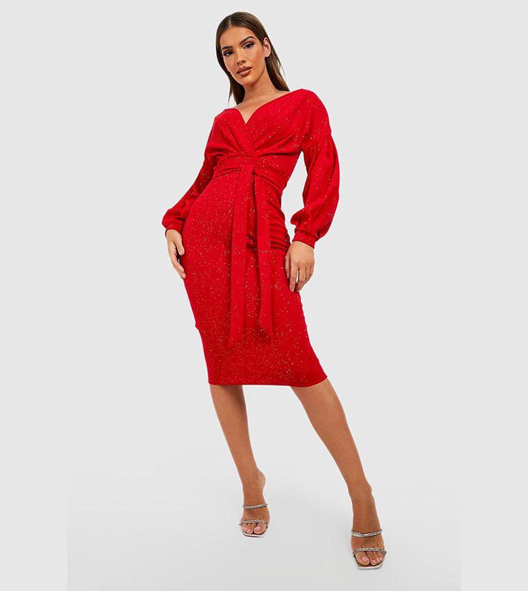 Buy Boohoo Glitter Wrap Off Shoulder Midi Dress In Red | 6thStreet Kuwait
