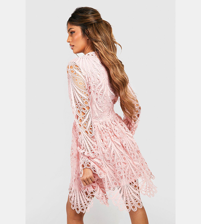 Buy Boohoo High Neck Flared Sleeves Lace Skater Dress In Blush 6thStreet Qatar