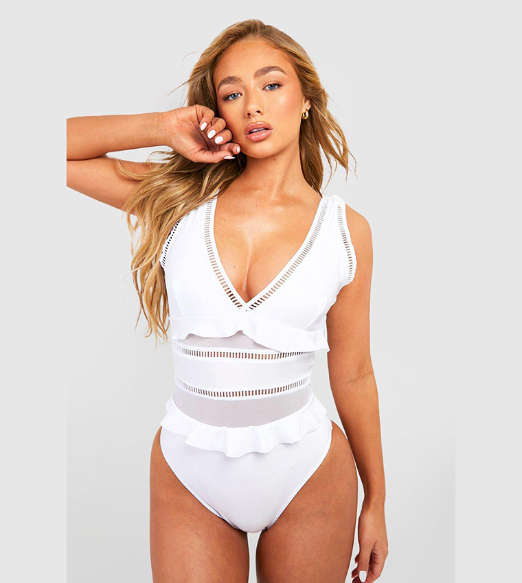 Buy Boohoo Ladder Trim Frill Detail Plunge Swimsuit In White