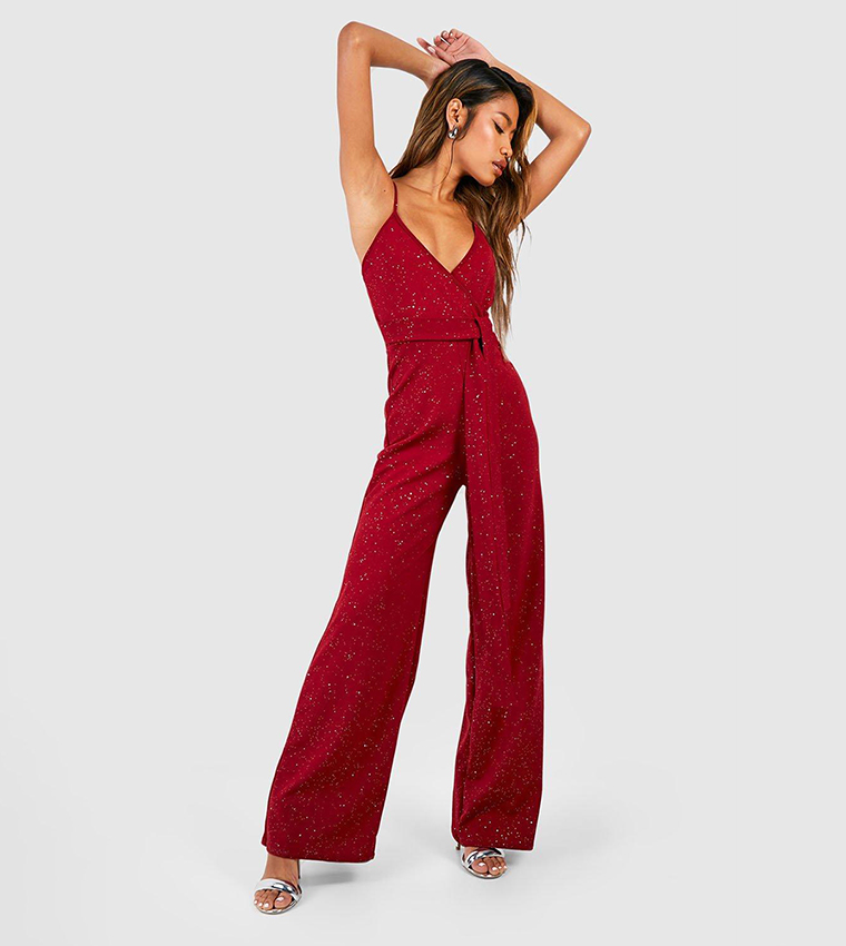 Buy Boohoo Glitter Strappy Wrap Belted Wide Leg Jumpsuit In Berry