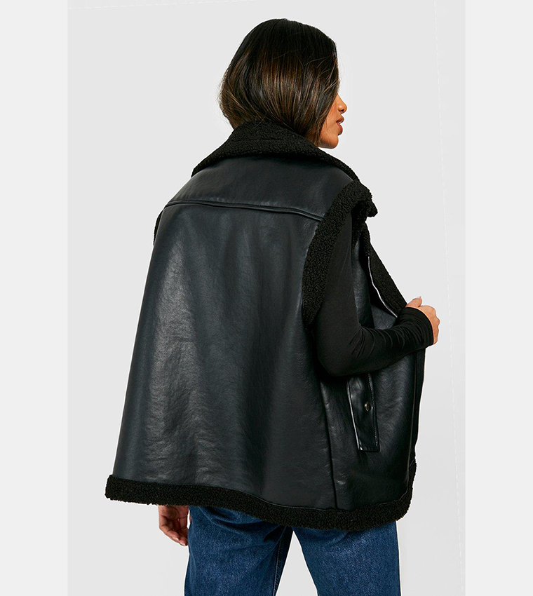 Buy Boohoo Sleeveless Teddy Trim Aviator Jacket In Black