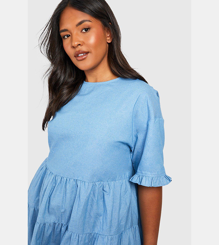 Buy Boohoo Chambray Tiered Smock Dress In Blue 6thStreet Saudi Arabia