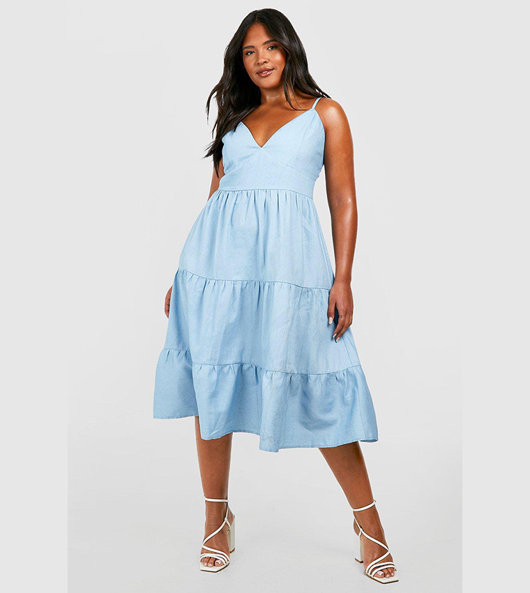 Buy Boohoo Chambray V Neck Tiered Midi Dress In Blue 6thStreet Bahrain