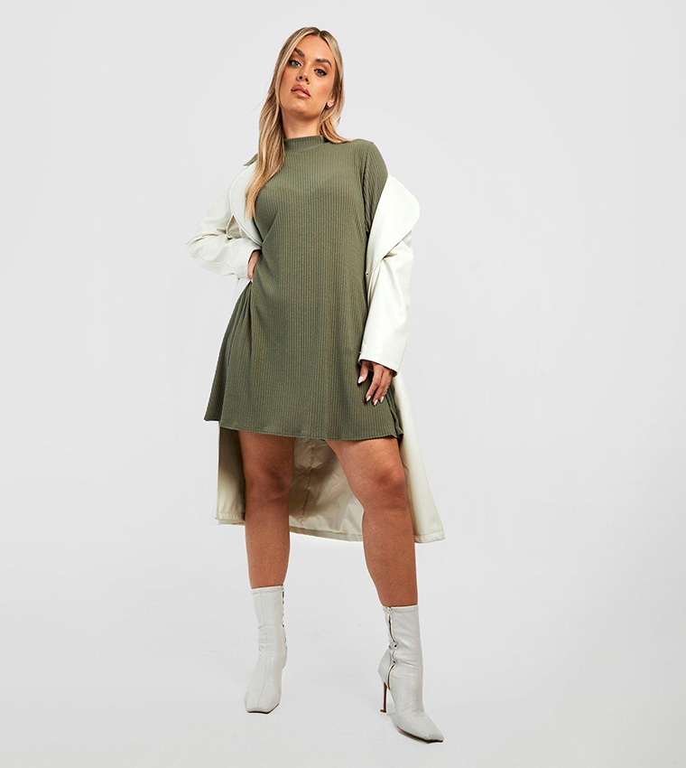 Buy Boohoo Soft Rib High Neck Swing Dress In Khaki 6thStreet Bahrain