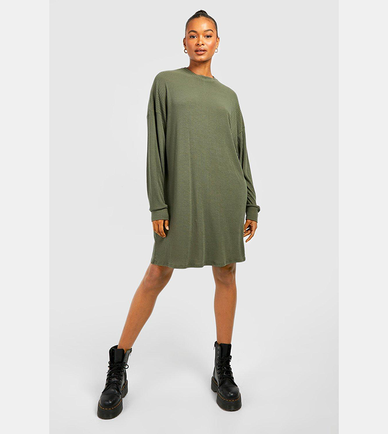 Buy Boohoo Tall Soft Ribbed Long Sleeves T Shirt Dress In Khaki 6thStreet Kuwait