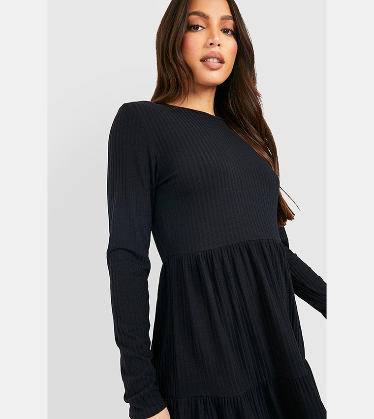 Buy Boohoo Tall Soft Ribbed Long Sleeves Tiered Mini Smock Dress