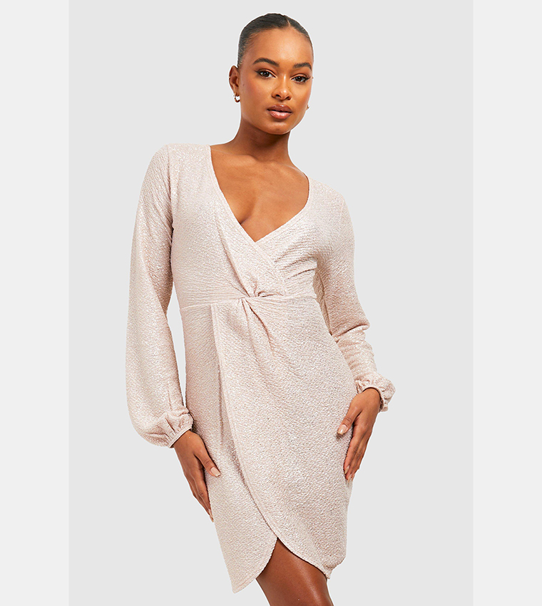 Buy Boohoo Tall Glitter Wrap Twist Mini Dress In CHAMPAGNE 6thStreet Kuwait