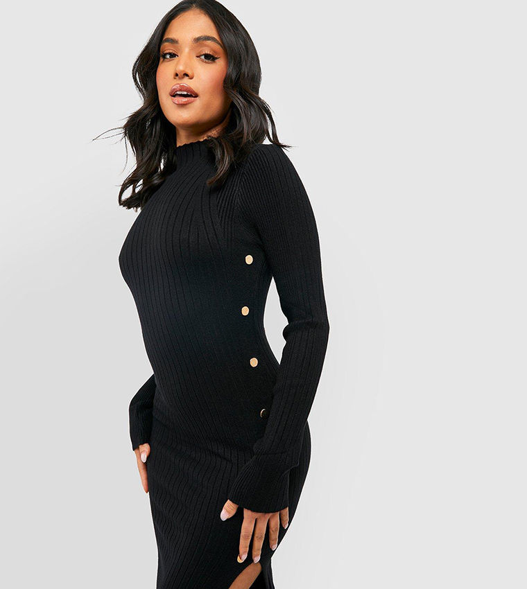 black ribbed high neck split detail bodycon dress NA-KD Ribbed High Neck Side Split Midi Dress in Black