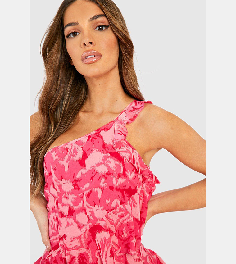 Buy Boohoo Chiffon Printed One Shoulder Maxi Dress In Pink