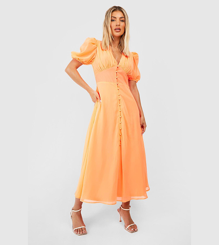 Orange midi dress with sale sleeves